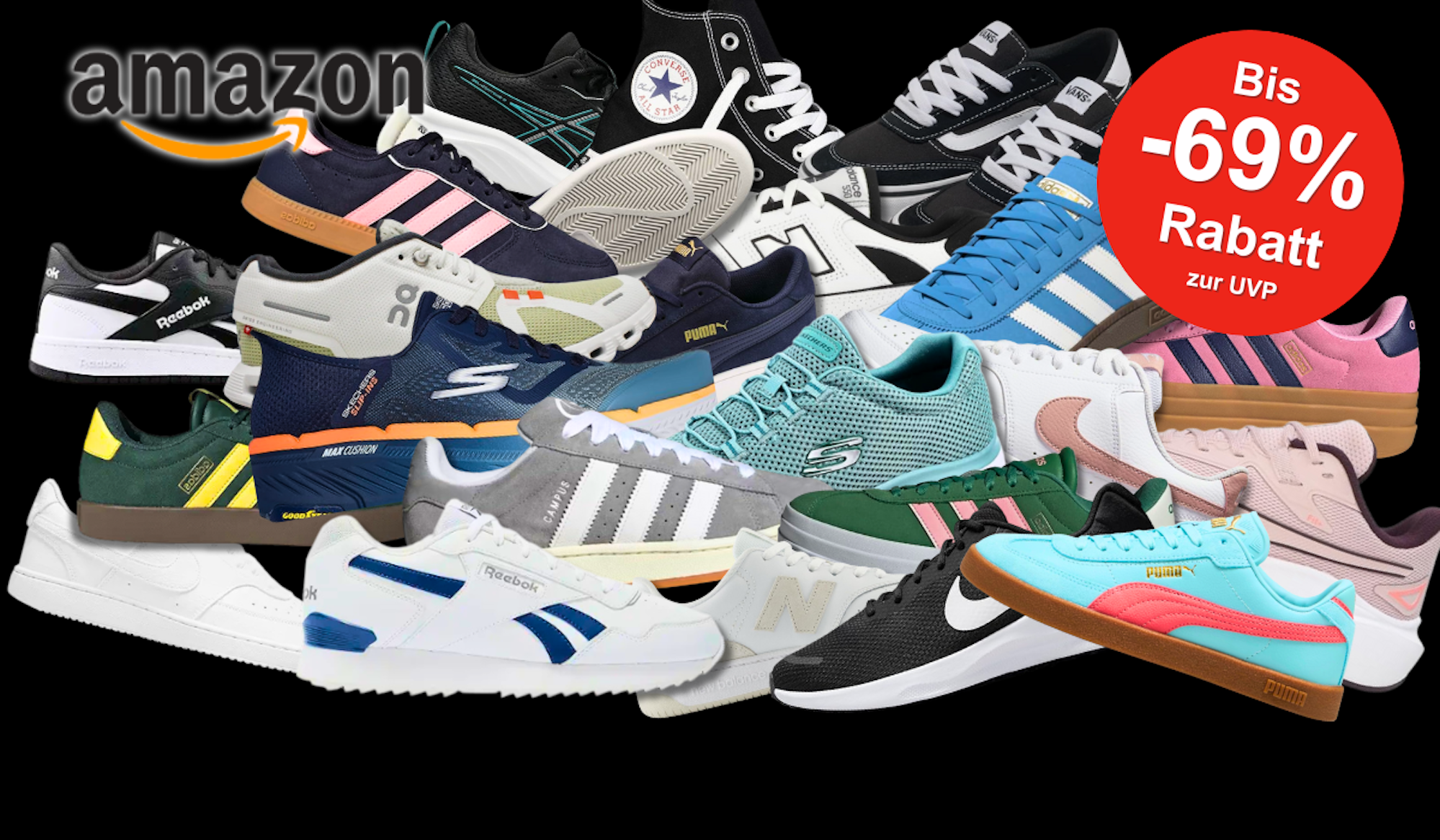 Auf einem schwarzen Hintergrund sind diverse Sneaker unterschiedlicher Marken abgebildet.