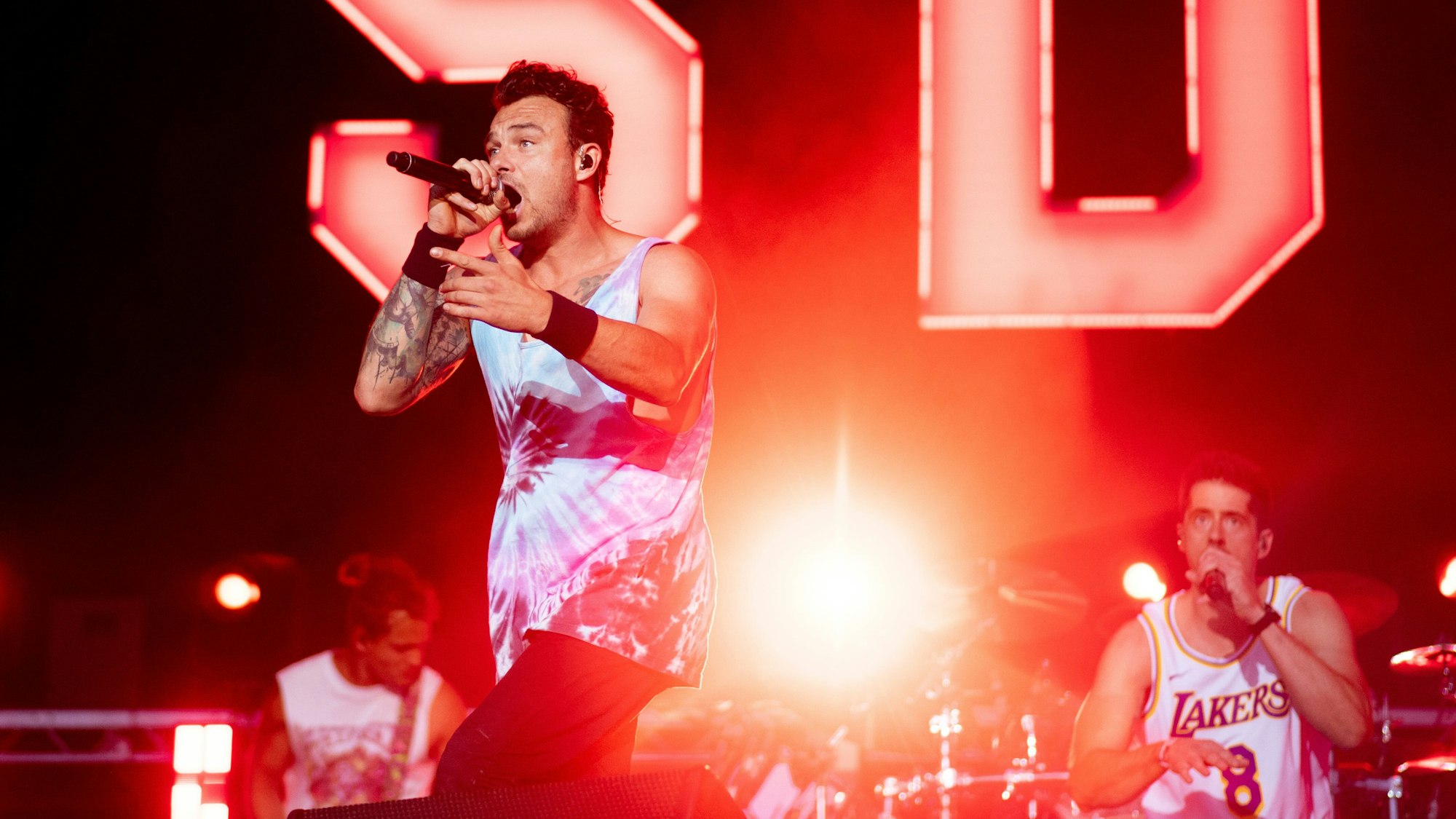 Dag-Alexis Kopplin (links) und Vincent Stein, Sänger der deutschen Band „SDP“ stehen auf dem Hurricane Festival auf der Bühne