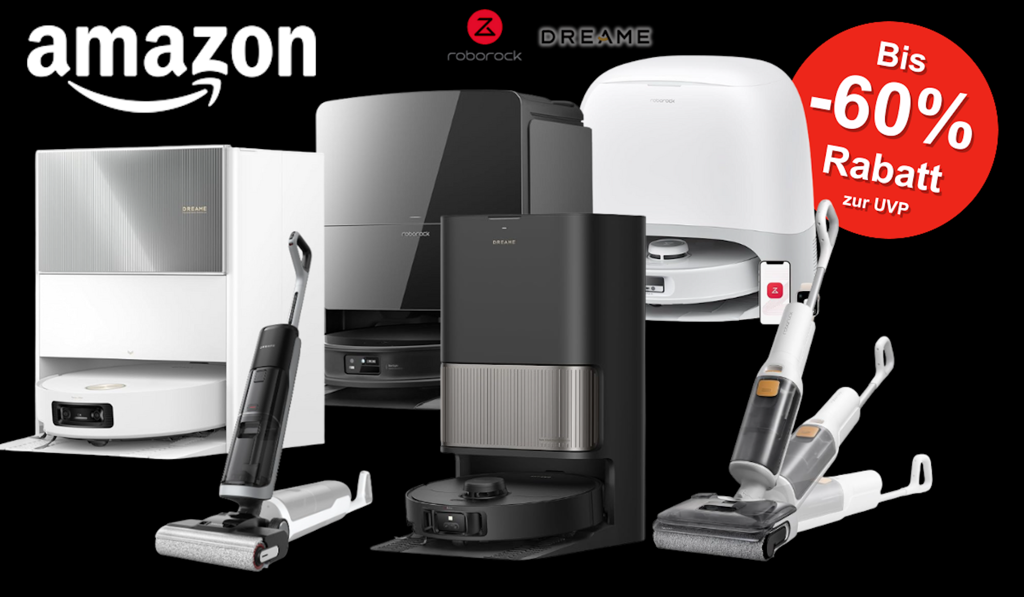 Auf einem schwarzen Hintergrund wurden div. Modelle von Dreame und Roborock präsentiert