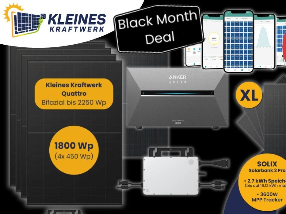 Kleines Kraftwerk Balkonkraftwerk Sets mit Smartphone Apps und Anker Solix Solarbank Speicher vor einem schwarzen Hintergrund.