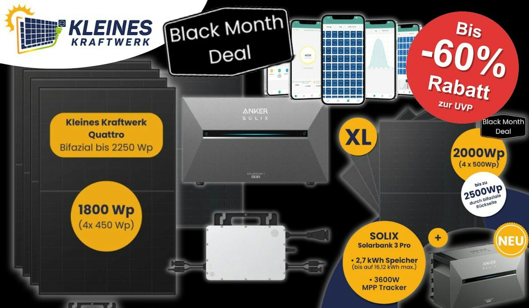 Kleines Kraftwerk Balkonkraftwerk Sets mit Smartphone Apps und Anker Solix Solarbank Speicher vor einem schwarzen Hintergrund.