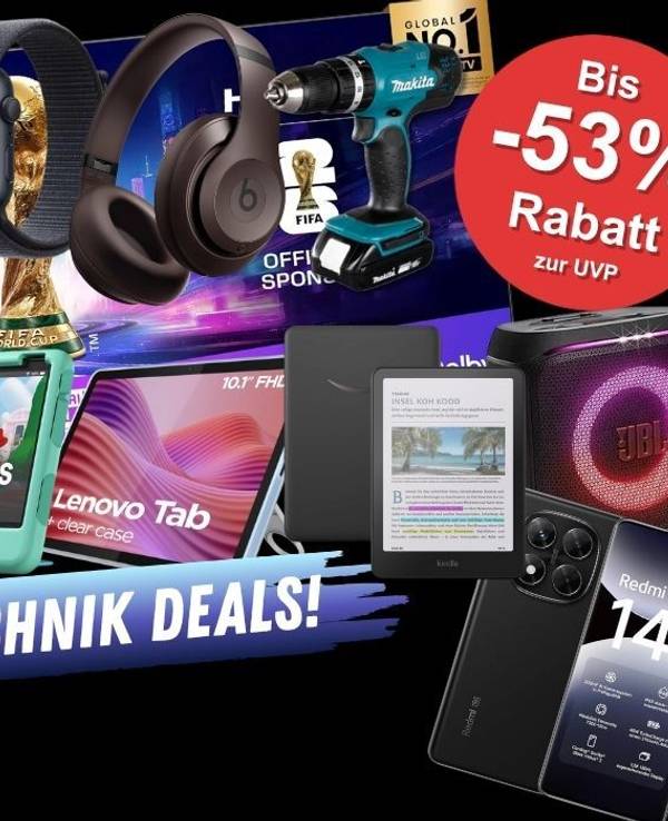 Technik Produkte wie Smartphones, LED-TV, Audio-Geräte wie Lautsprecher oder Kopfhörer, Tablets, Smartwatches vor einem schwarzen Hintergrund.