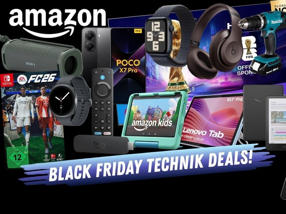 Technik Produkte wie Smartphones, LED-TV, Audio-Geräte wie Lautsprecher oder Kopfhörer, Tablets, Smartwatches vor einem schwarzen Hintergrund.