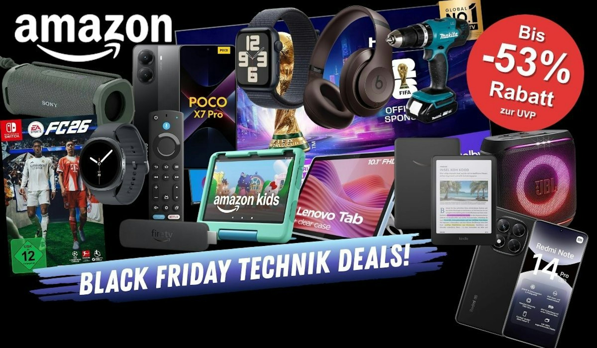 Technik Produkte wie Smartphones, LED-TV, Audio-Geräte wie Lautsprecher oder Kopfhörer, Tablets, Smartwatches vor einem schwarzen Hintergrund.