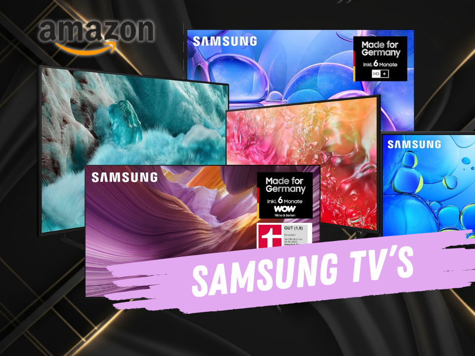 Auf einem dunklen Hintergrund befinden sich unterschiedliche Samsung TV Modelle.