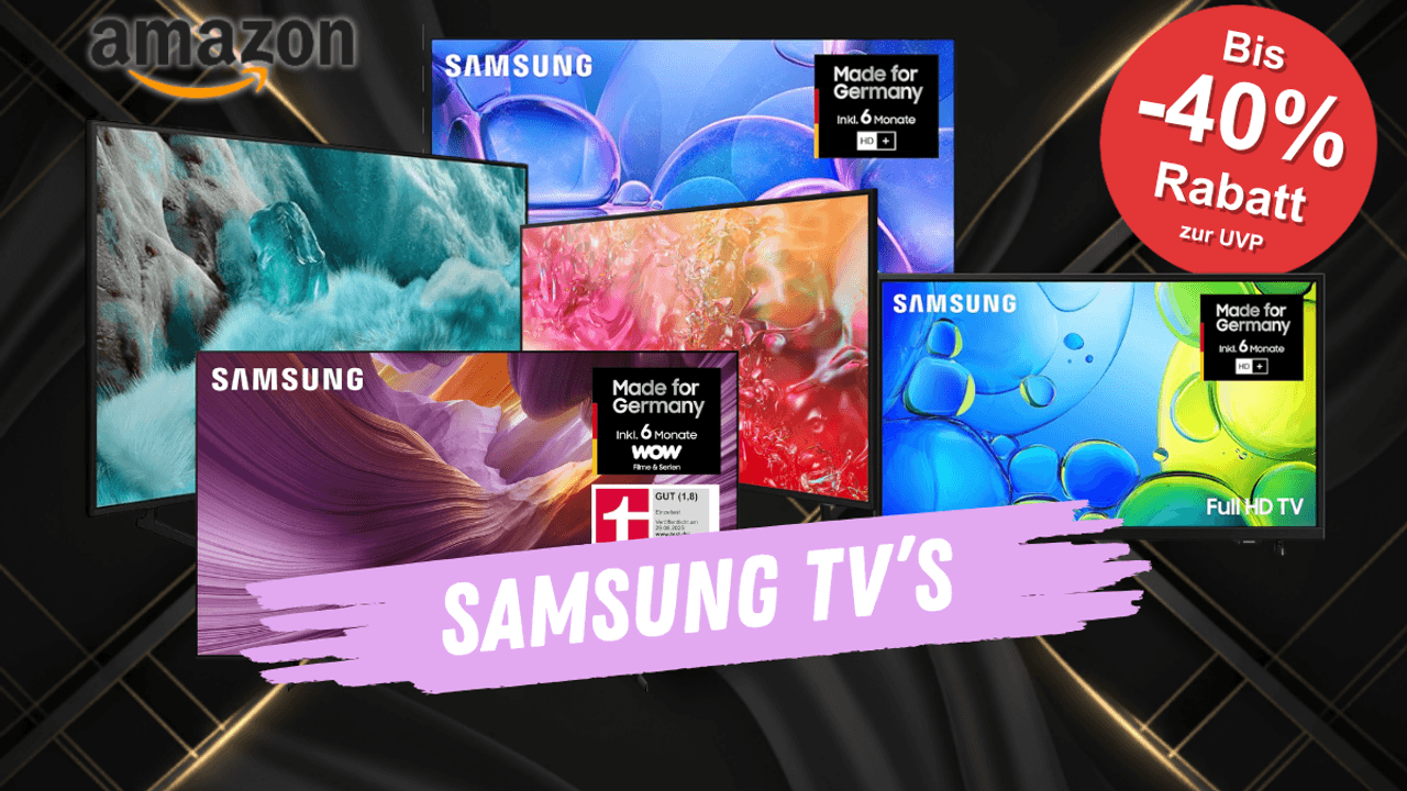Auf einem dunklen Hintergrund befinden sich unterschiedliche Samsung TV Modelle.