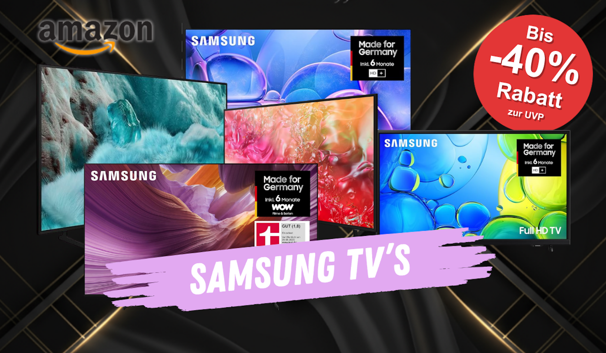 Auf einem dunklen Hintergrund befinden sich unterschiedliche Samsung TV Modelle.