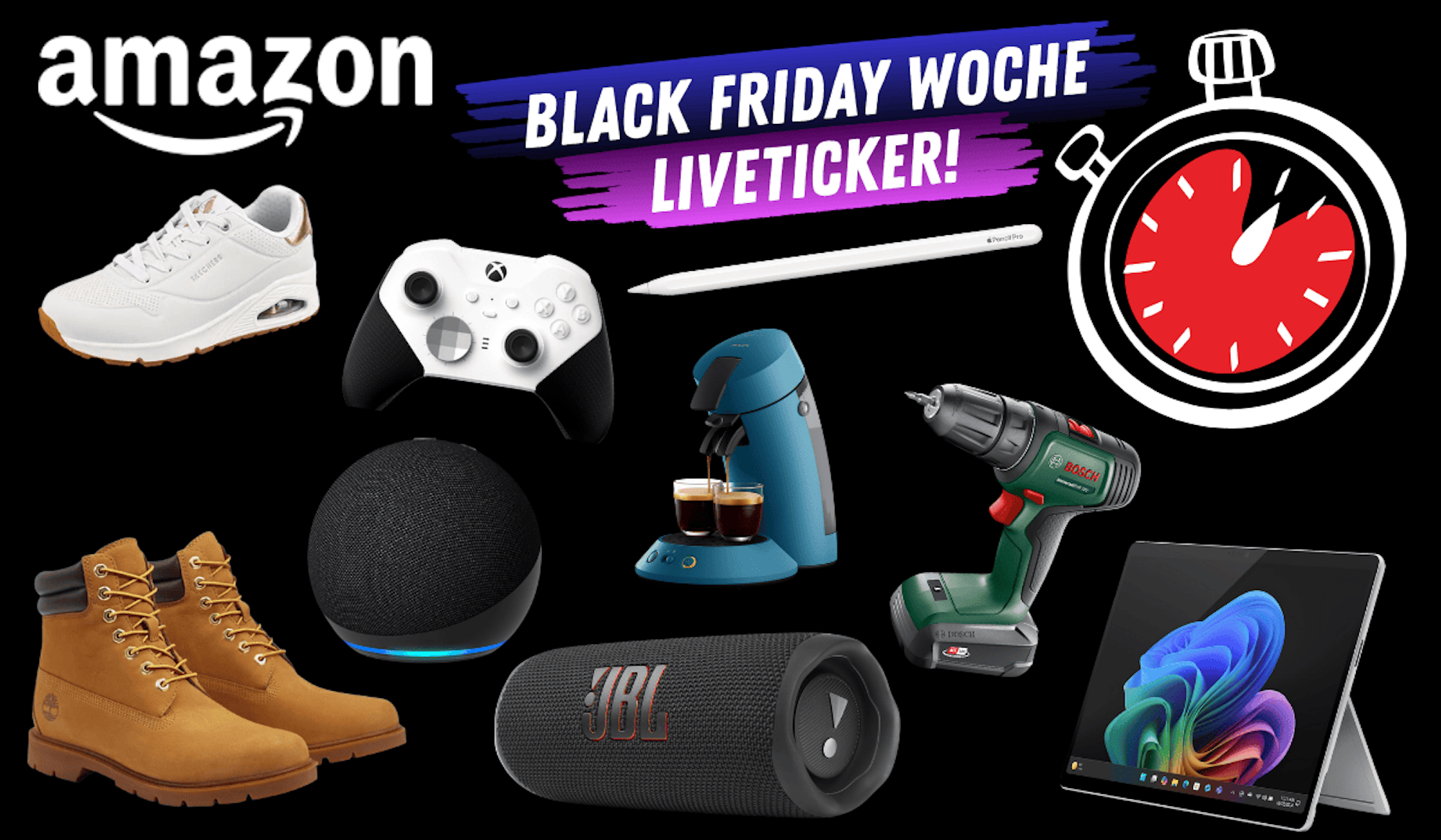Verschiedene Produkte wie Schuhe, Elektronik, Werkzeug und Haushaltsgeräte, die du im Black Friday Sale kaufen kannst.