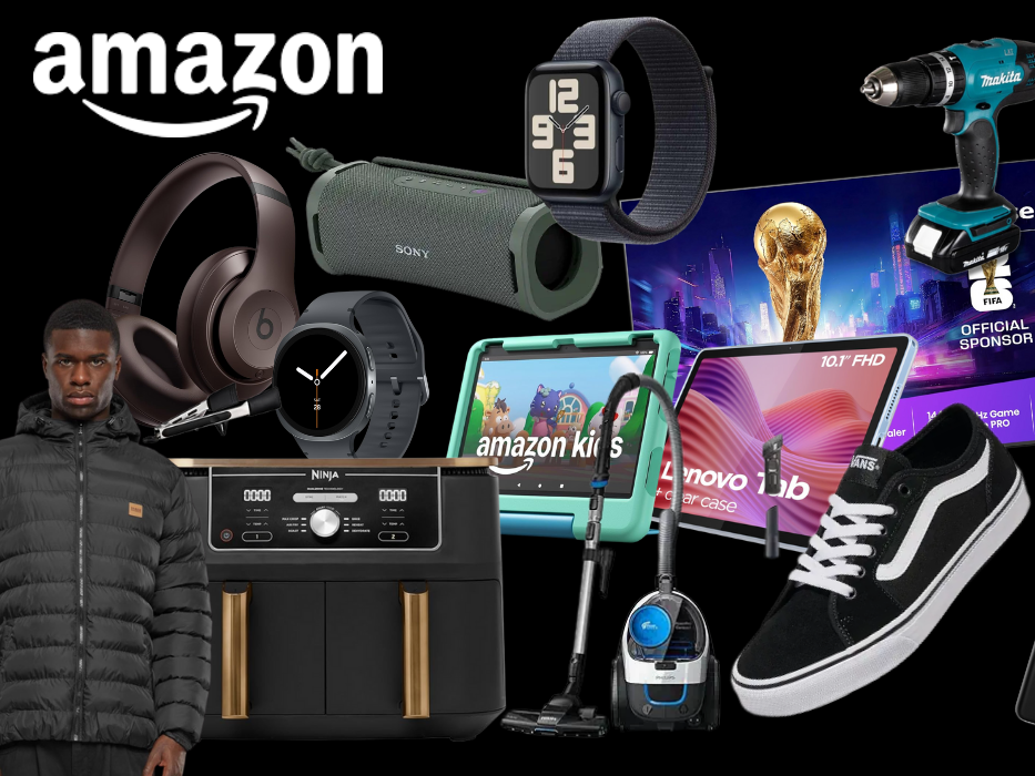 Auf einem schwarzen Hintergrund sind diverse Produkte platziert, die sehr stark reduziert sind