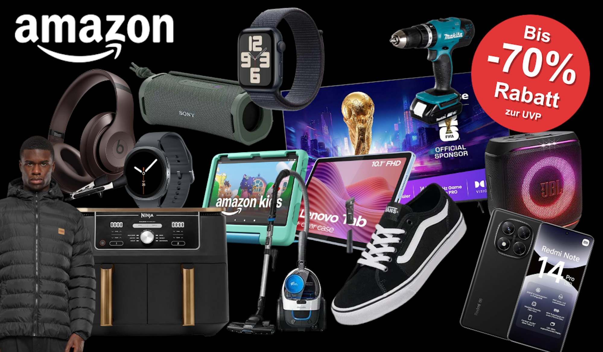 Auf einem schwarzen Hintergrund sind diverse Produkte platziert, die sehr stark reduziert sind