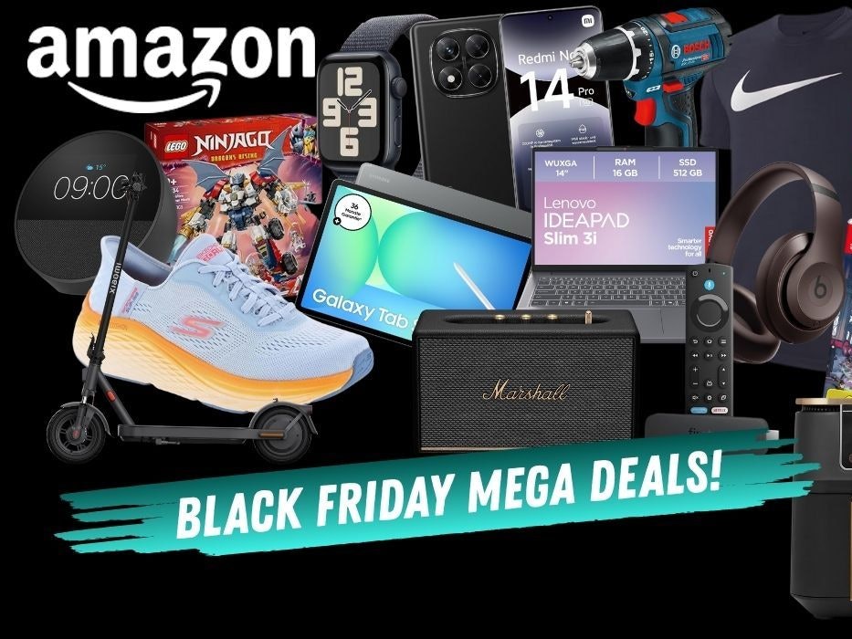 Produkte aus verschiedenen Kategorien wie Technik, Mode oder Haushalt. Bosch Professional Akkubohrschrauber, Nintendo Switch Pokémon Spiel, Skechers Sneaker, Xiaomi Redmi Smartphone, JBL Box, Samsung Galaxy Tab , Ninja Airfryer und mehr vor einem schwarzen Hintergrund.