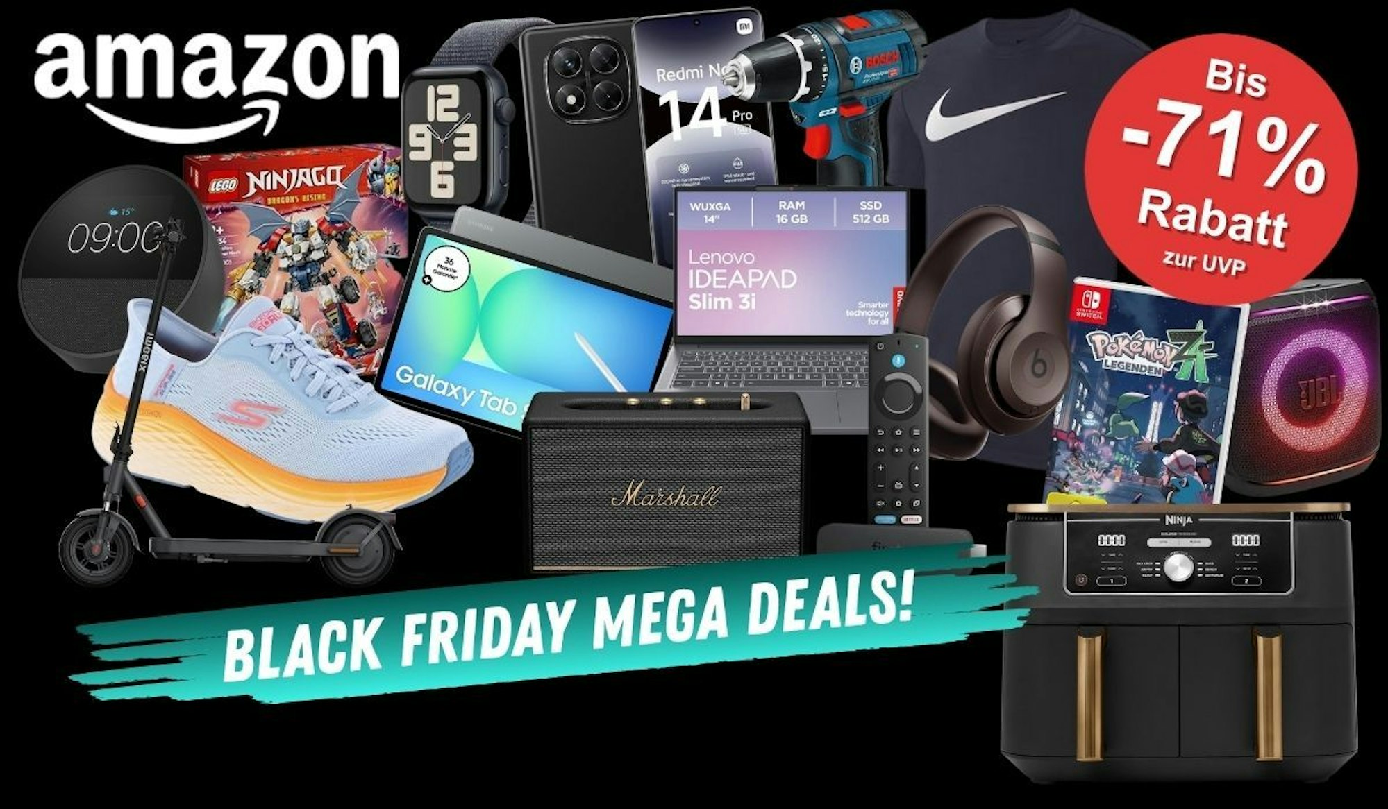 Produkte aus verschiedenen Kategorien wie Technik, Mode oder Haushalt. Bosch Professional Akkubohrschrauber, Nintendo Switch Pokémon Spiel, Skechers Sneaker, Xiaomi Redmi Smartphone, JBL Box, Samsung Galaxy Tab , Ninja Airfryer und mehr vor einem schwarzen Hintergrund.