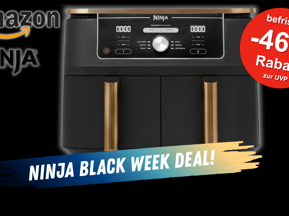 Heißluftfritteuse NINJA Foodi Max Dual Zone Airfryer in Schwarz-Kupfer Design vor einer gut aufgeräumten Küche im Hintergrund.
