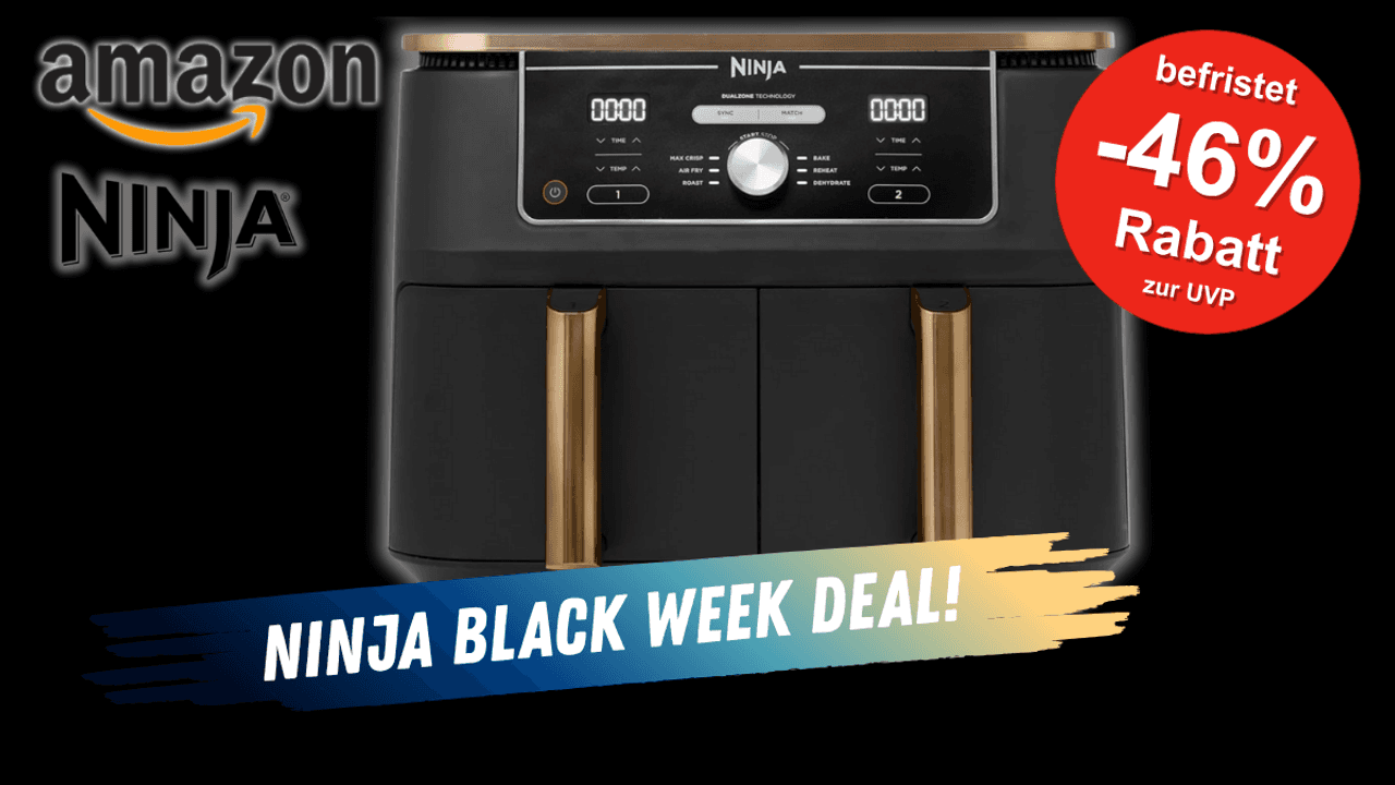 Heißluftfritteuse NINJA Foodi Max Dual Zone Airfryer in Schwarz-Kupfer Design vor einer gut aufgeräumten Küche im Hintergrund.