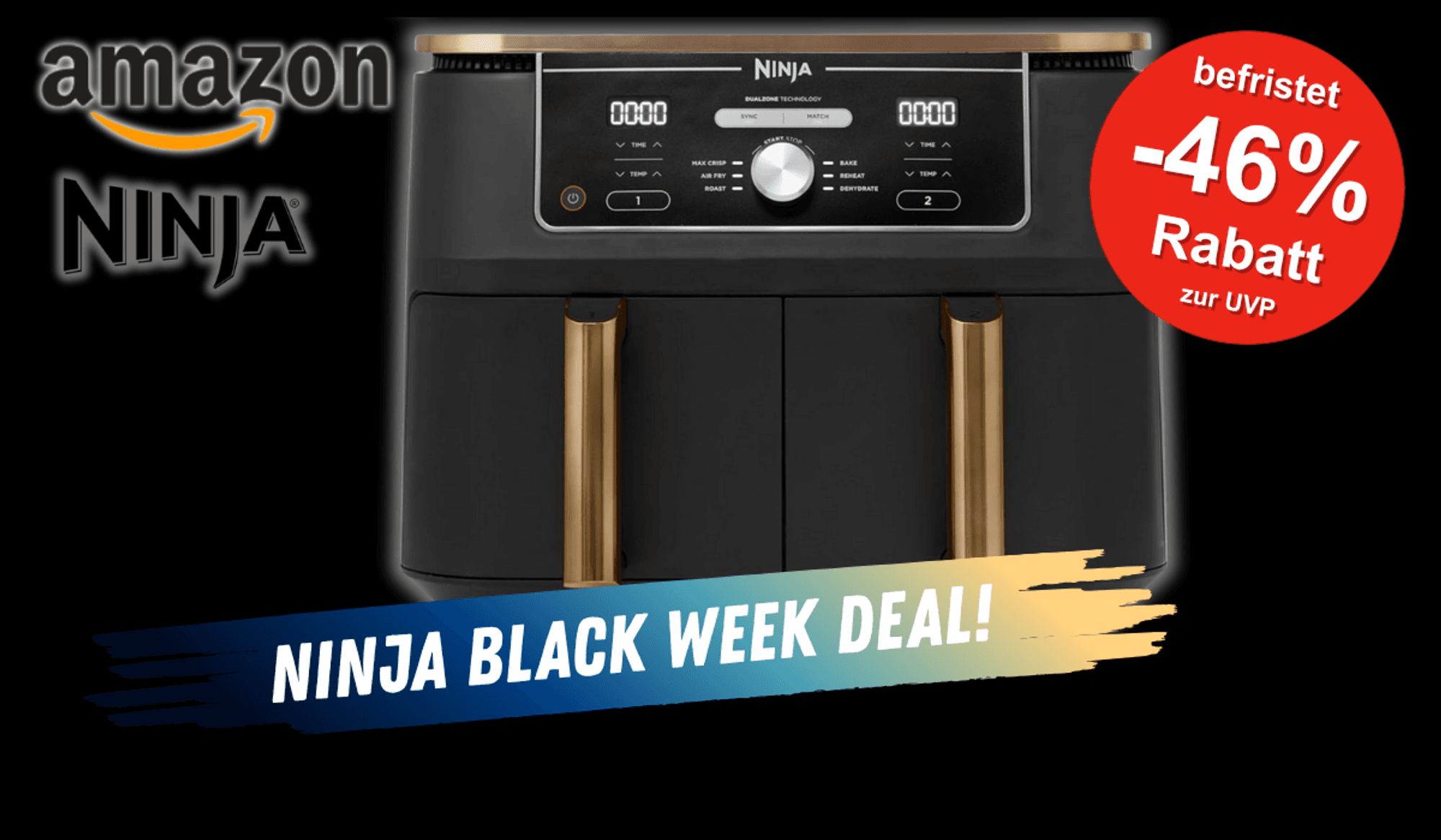 Heißluftfritteuse NINJA Foodi Max Dual Zone Airfryer in Schwarz-Kupfer Design vor einer gut aufgeräumten Küche im Hintergrund.