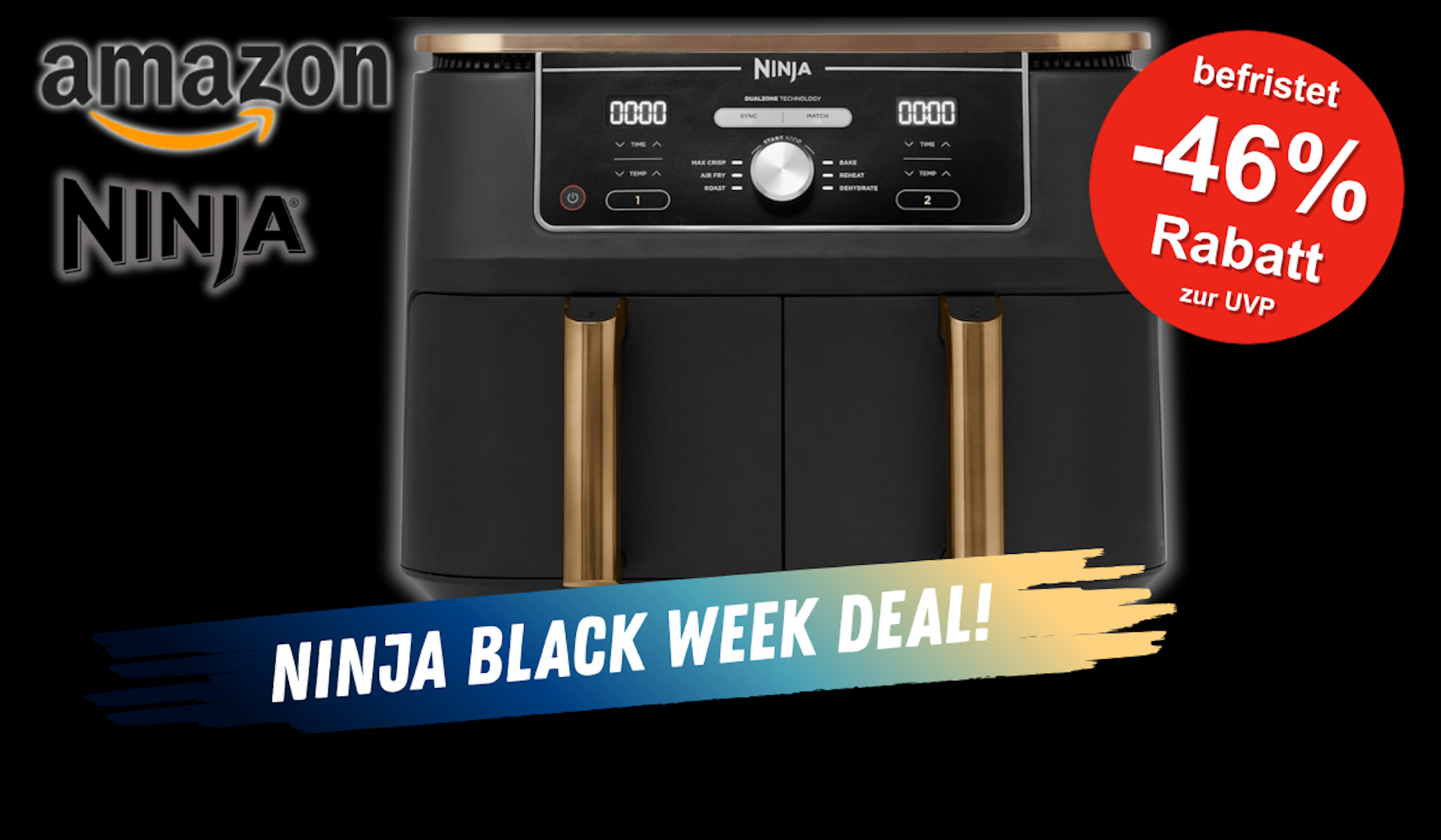 Heißluftfritteuse NINJA Foodi Max Dual Zone Airfryer in Schwarz-Kupfer Design vor einer gut aufgeräumten Küche im Hintergrund.