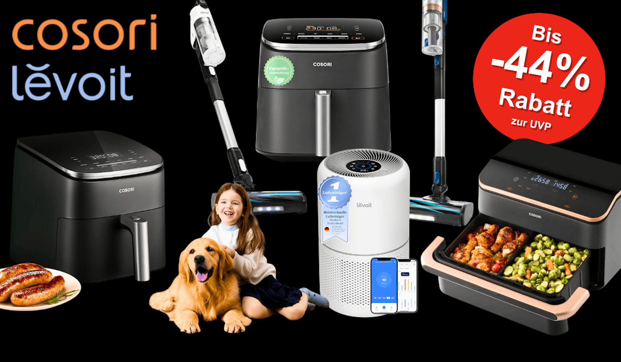 Cosori & Levoit Produkte, Airfryer, Luftreiniger, Staubsauger.
