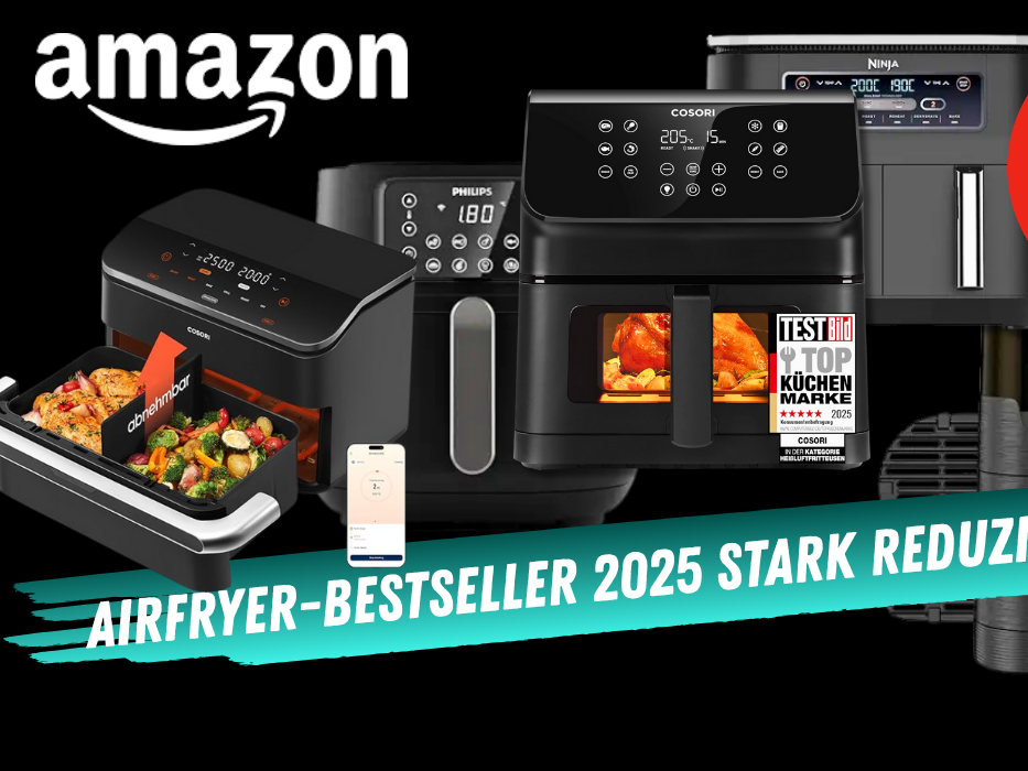 Auf einem schwarzen Hintergrund sind Airfryer beliebter Marken zu sehen.