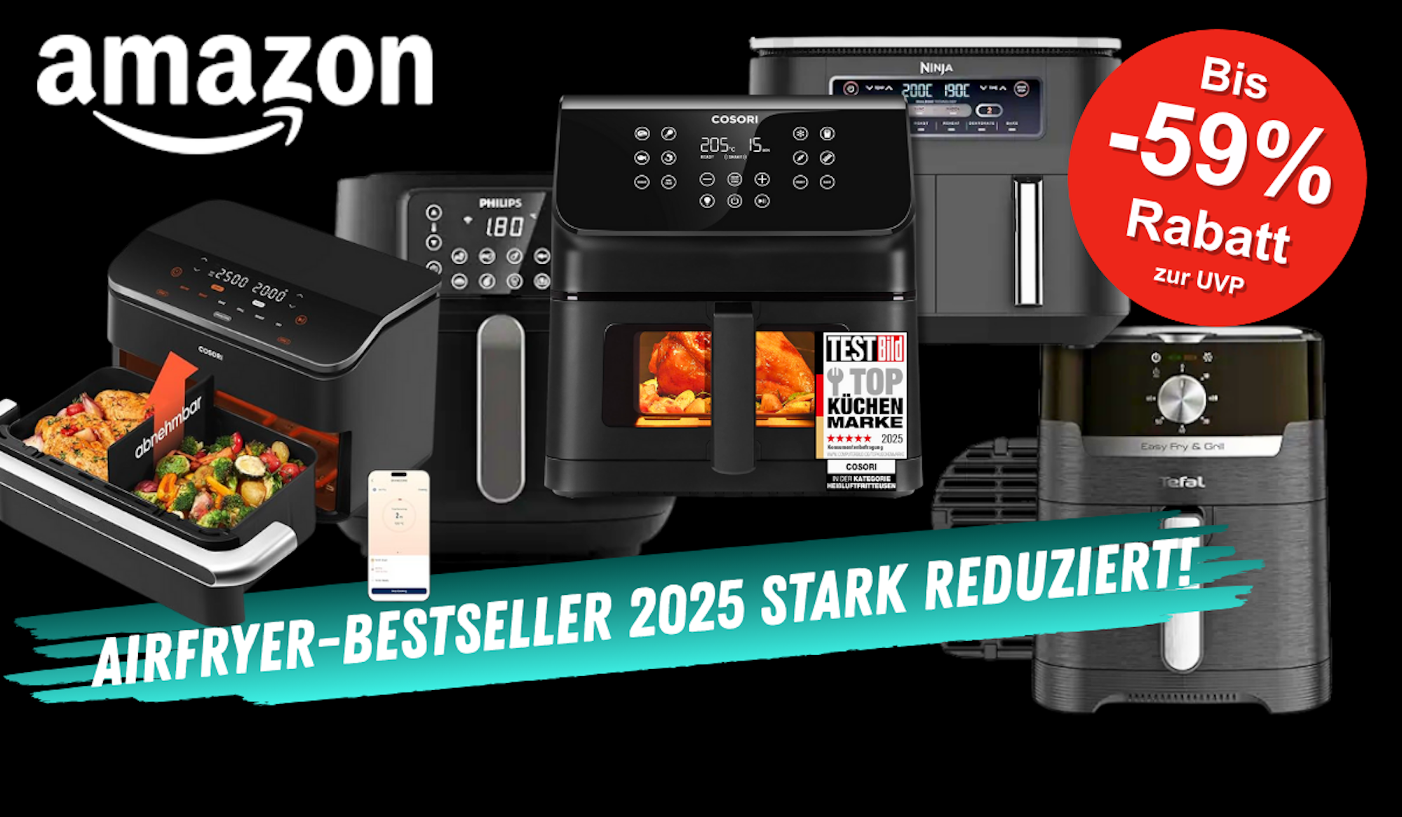 Auf einem schwarzen Hintergrund sind Airfryer beliebter Marken zu sehen.