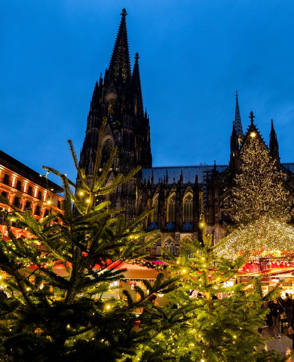 Vor dem Kölner Dom stehen beleuchtete Weihnachtsmarkt-Buden und Tannenbäume.