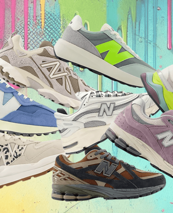 Auf einem bunten Hintergrund sind diverse Modelle der Marke New Balance aus dem Outlet abgebildet.