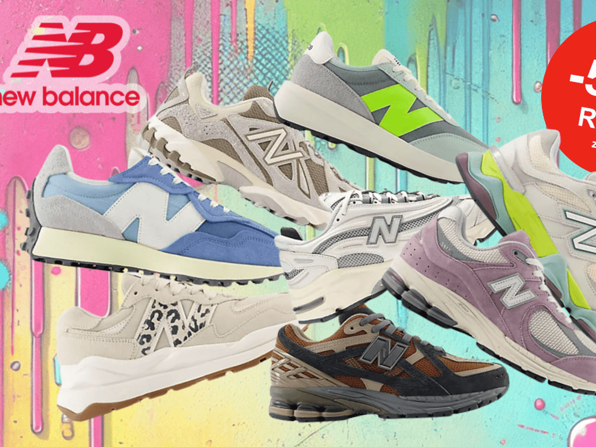 Auf einem bunten Hintergrund sind diverse Modelle der Marke New Balance aus dem Outlet abgebildet.