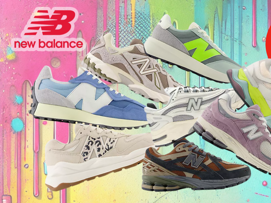 Auf einem bunten Hintergrund sind diverse Modelle der Marke New Balance aus dem Outlet abgebildet.