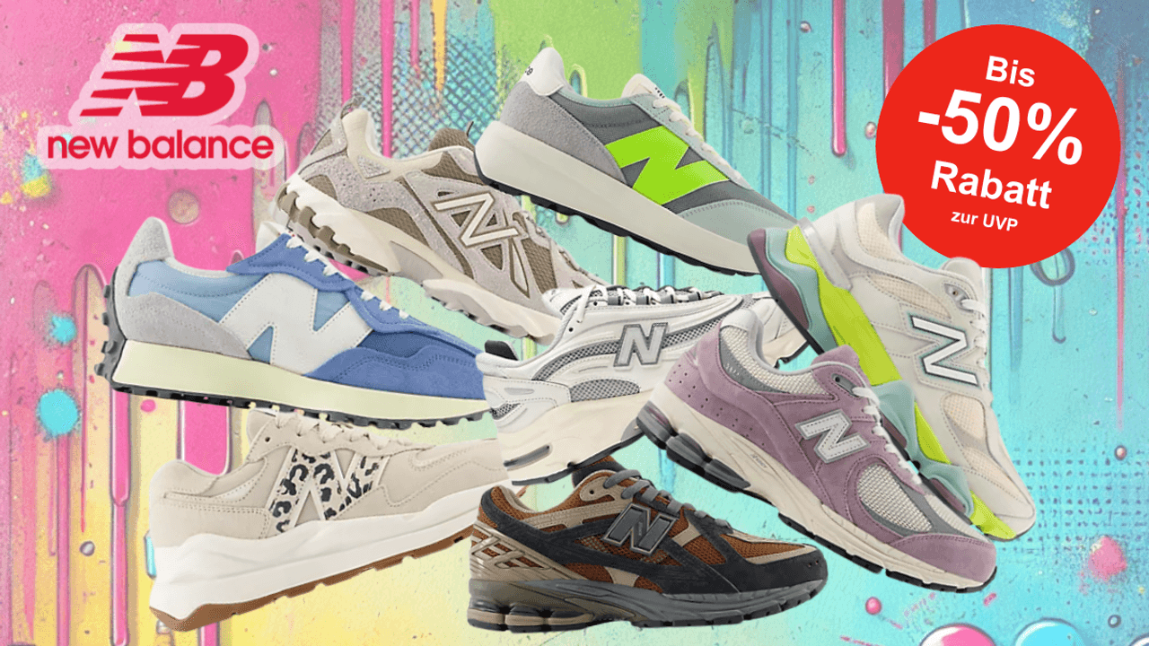 Auf einem bunten Hintergrund sind diverse Modelle der Marke New Balance aus dem Outlet abgebildet.