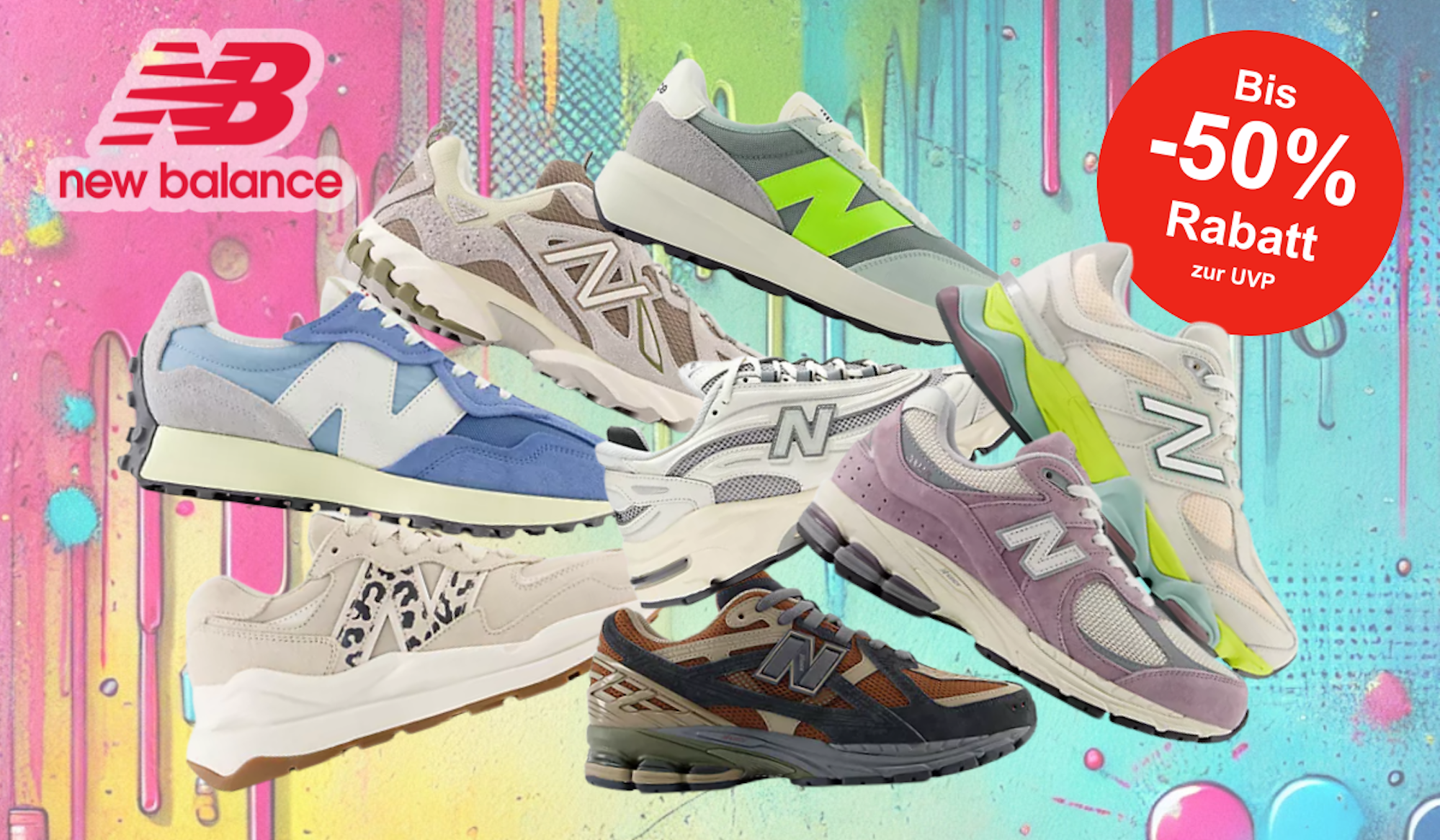 Auf einem bunten Hintergrund sind diverse Modelle der Marke New Balance aus dem Outlet abgebildet.