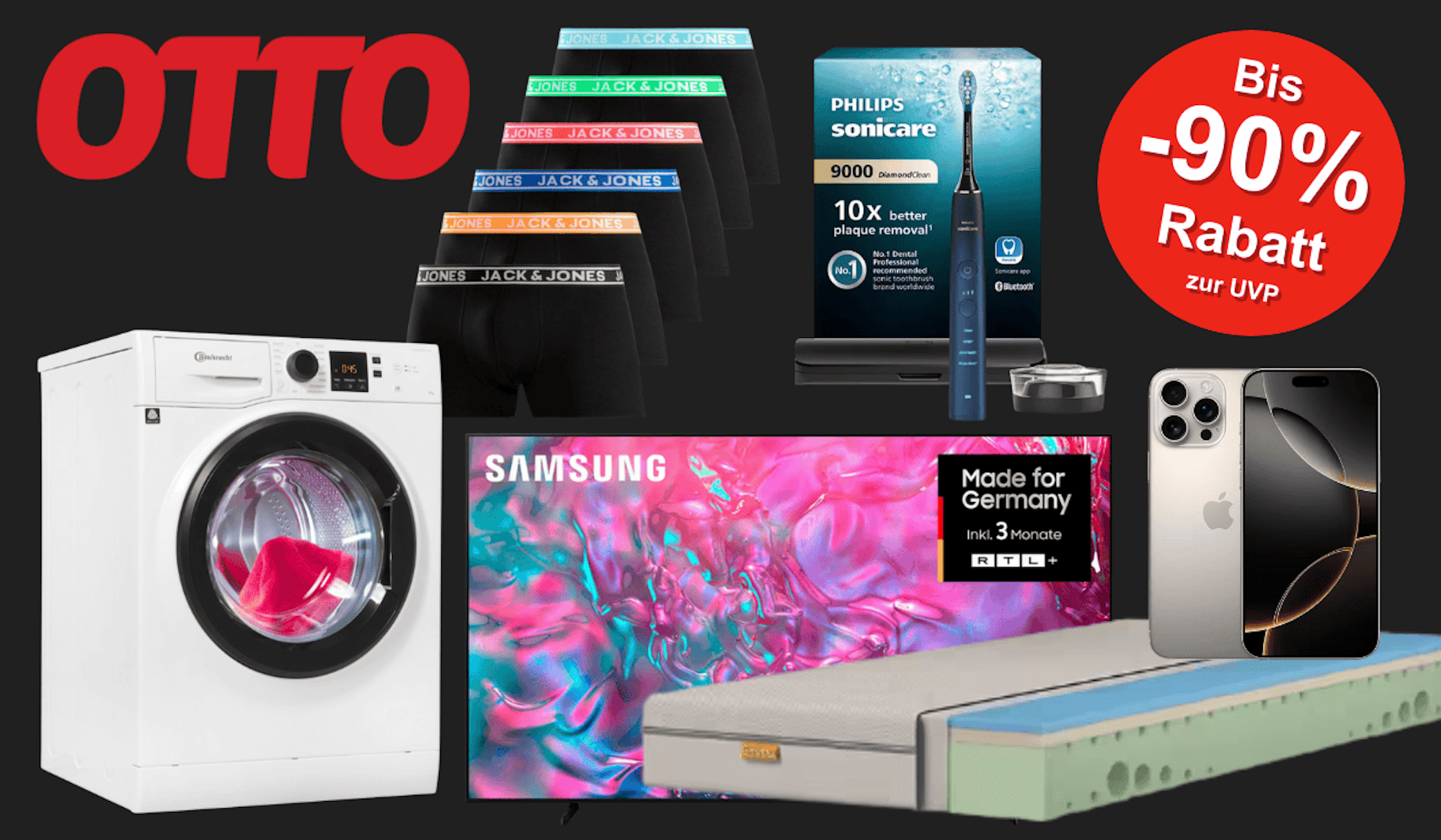 Produkte wie Waschmaschinen, TVs, Handys, Matratzen u.v.m. die du jetzt im OTTO Sale kaufen kannst.