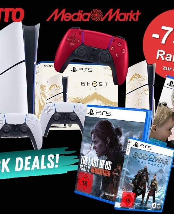 PlayStation 5 Digital Slim, PS5 Pro, Dual Sense Controller und PS5 Games wie Spiderman 2, Death Stranding 2 und The Last of us 2.