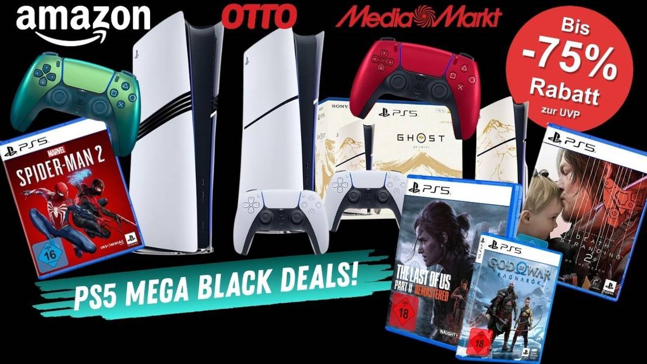 PlayStation 5 Digital Slim, PS5 Pro, Dual Sense Controller und PS5 Games wie Spiderman 2, Death Stranding 2 und The Last of us 2.