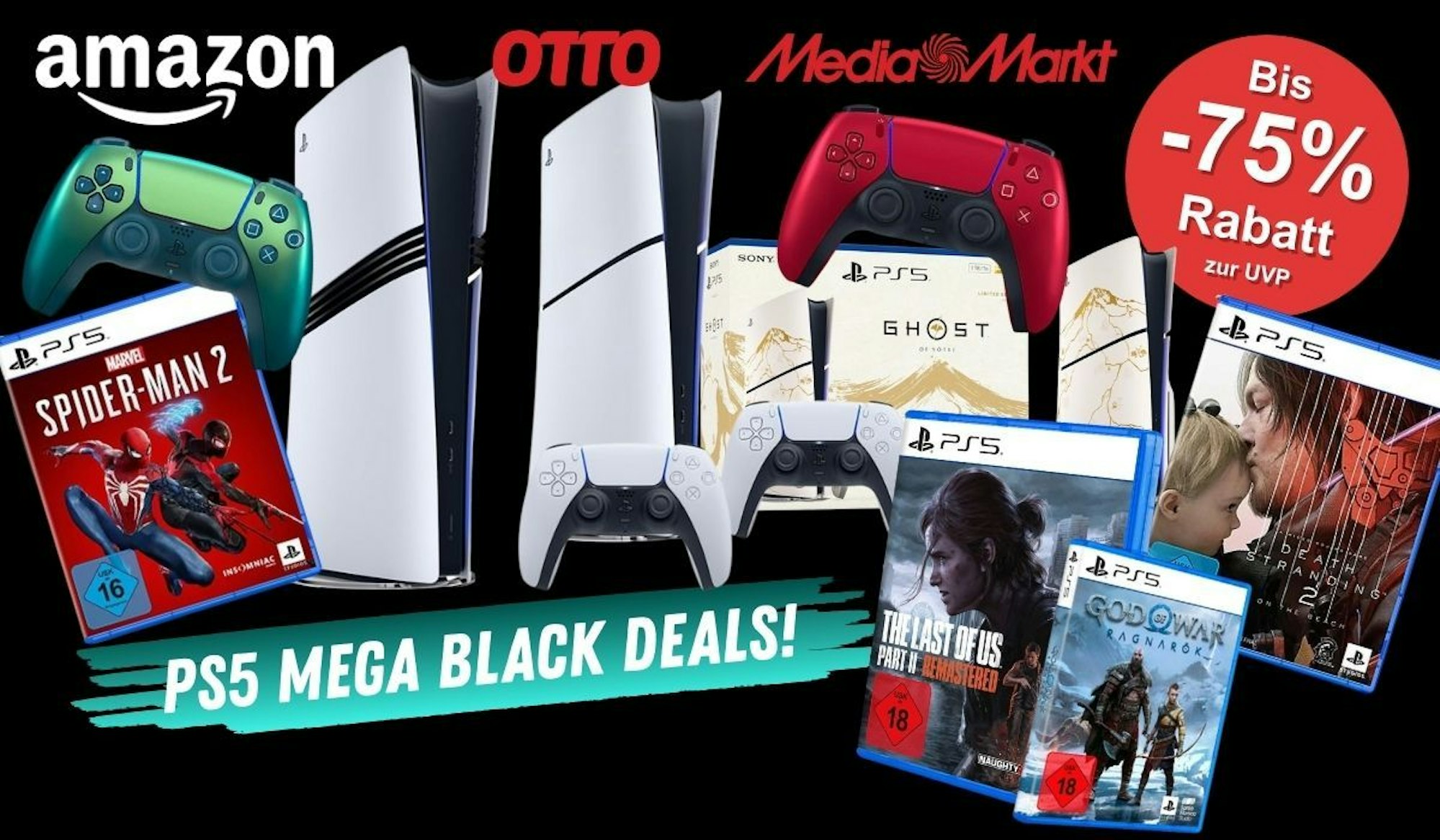 PlayStation 5 Digital Slim, PS5 Pro, Dual Sense Controller und PS5 Games wie Spiderman 2, Death Stranding 2 und The Last of us 2.