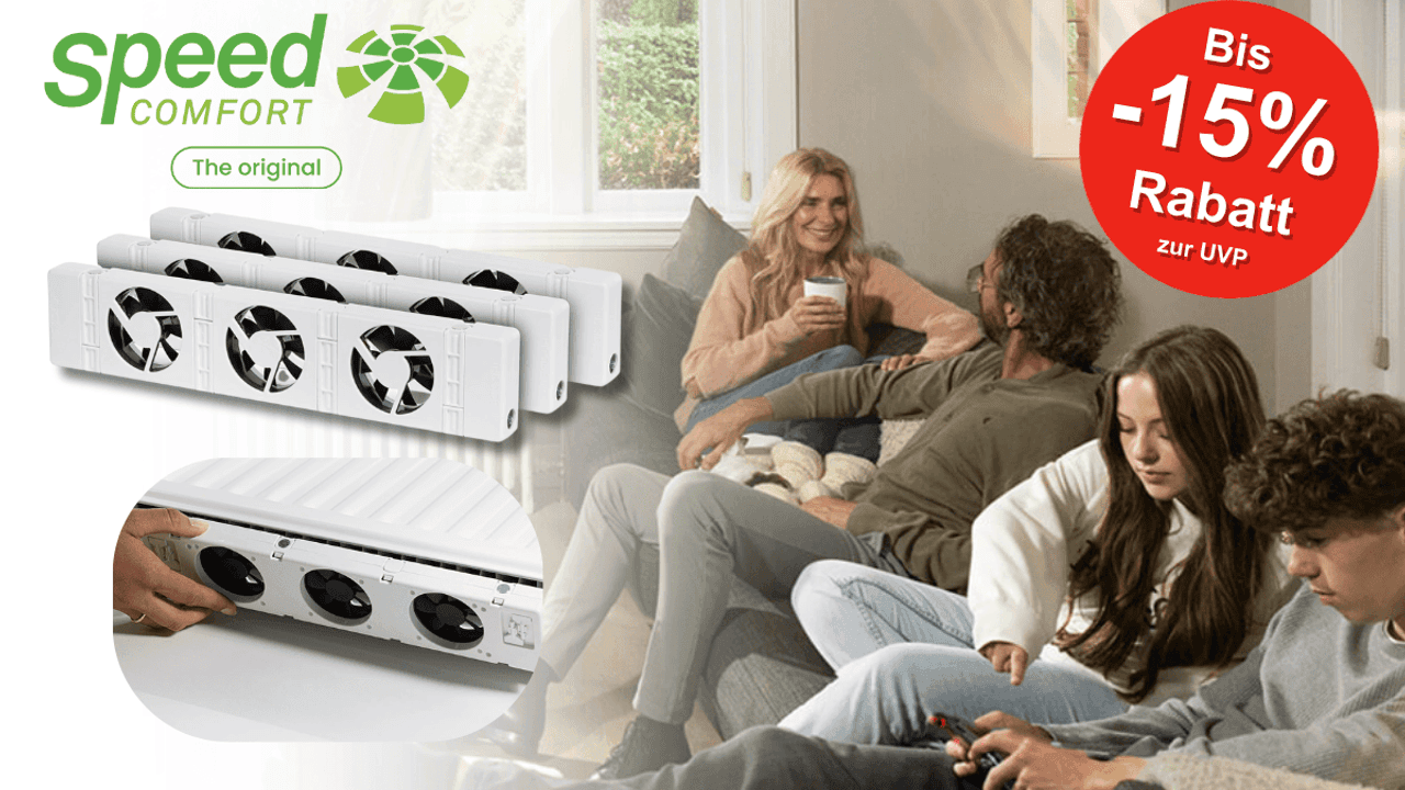 Eine Familie die ihren SpeedComfort Heizkörper Ventilator Zuhause nutzt.