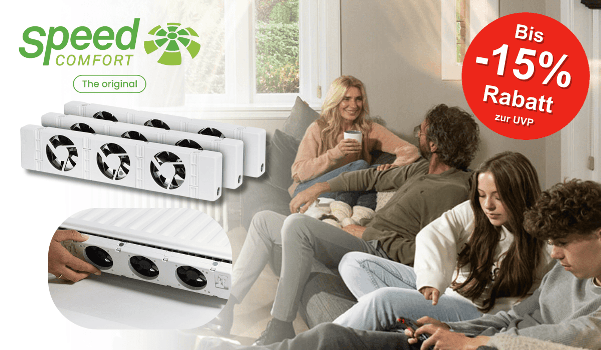 Eine Familie die ihren SpeedComfort Heizkörper Ventilator Zuhause nutzt.