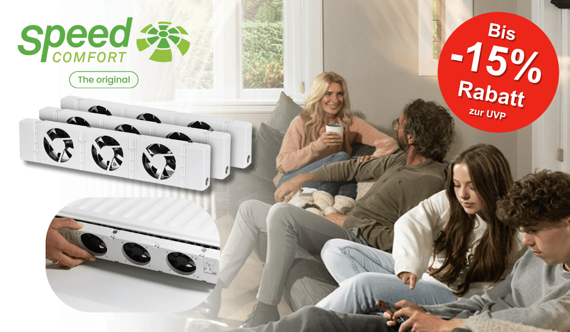 Eine Familie die ihren SpeedComfort Heizkörper Ventilator Zuhause nutzt.