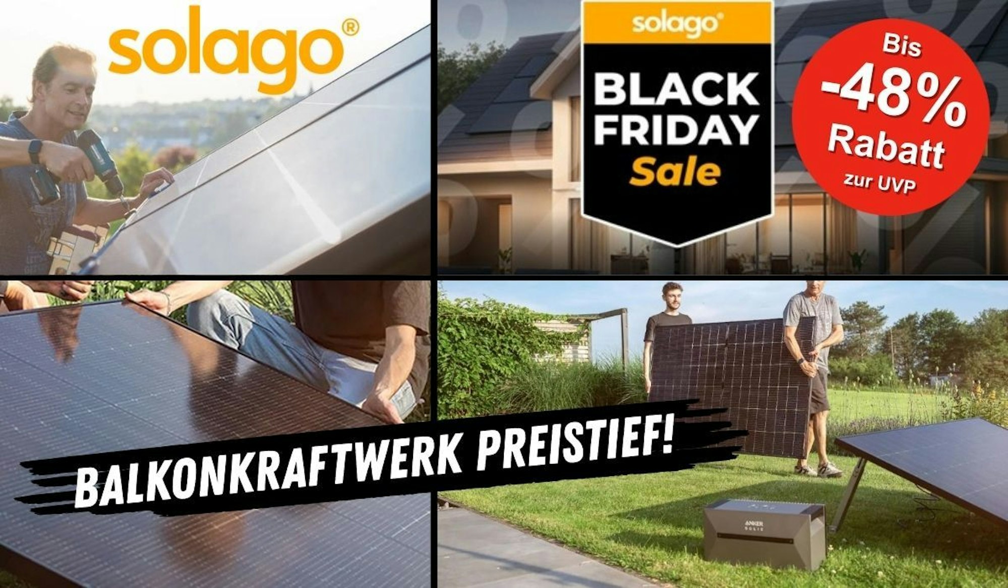 Balkonkraftwerke von Solago im Garten aufgestellt sowie Solarpanele auf einem Dach an einem sonnigen Tag.