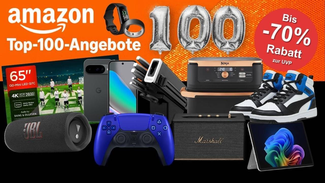 Top 100 Kategorie in der Amazon Black Friday Woche. Die 100 in silbernen Luftballons geschrieben, davor viele aktuelle Amazon Bestseller Produkte wie Hisense LED TV, PS5 Dual Sense Controller, Puma High Sneaker, JBL Box, Ninja Sharp Messerblock, Ninja Airfryer, Google Pixel Smartphone und mehr.