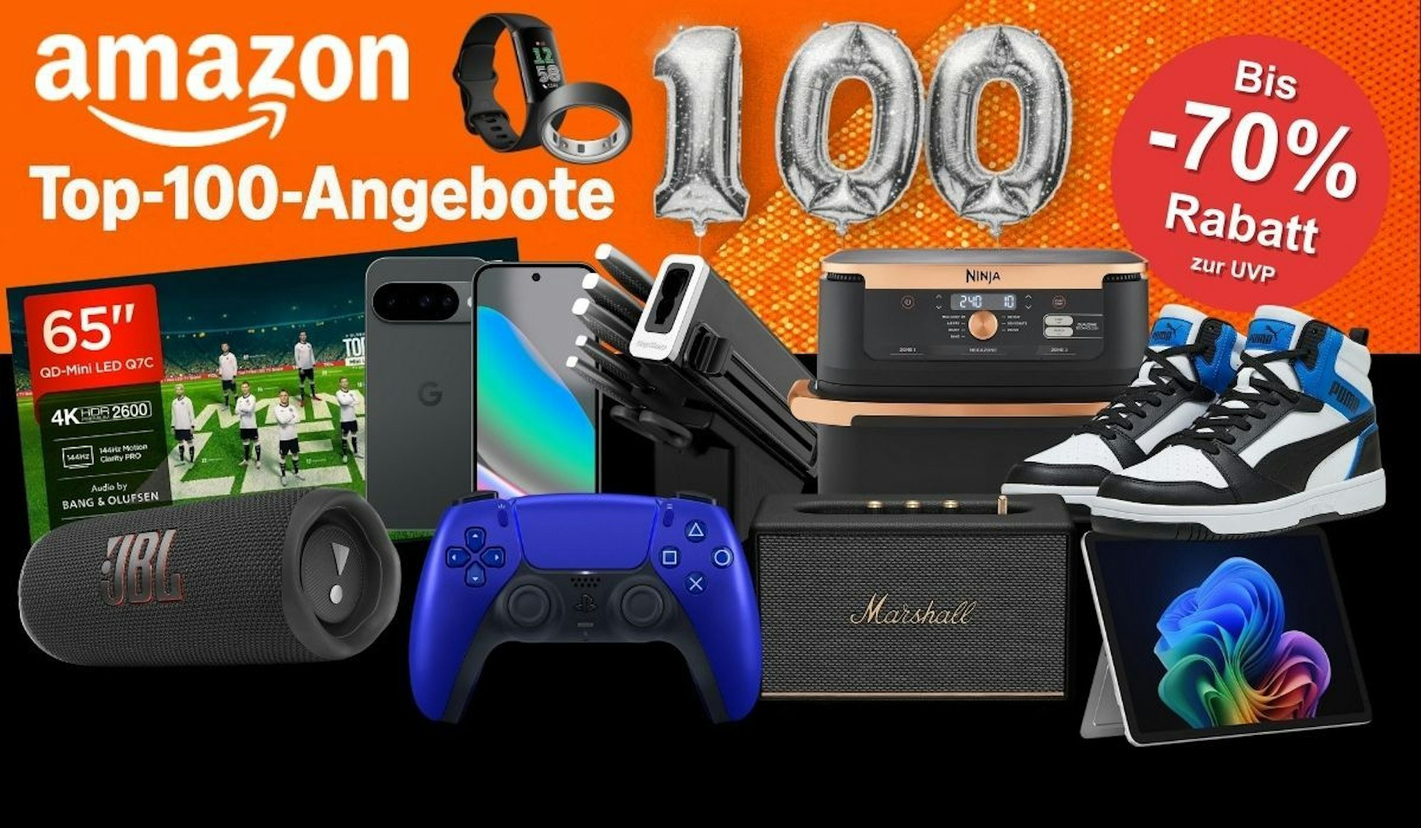 Top 100 Kategorie in der Amazon Black Friday Woche. Die 100 in silbernen Luftballons geschrieben, davor viele aktuelle Amazon Bestseller Produkte wie Hisense LED TV, PS5 Dual Sense Controller, Puma High Sneaker, JBL Box, Ninja Sharp Messerblock, Ninja Airfryer, Google Pixel Smartphone und mehr.