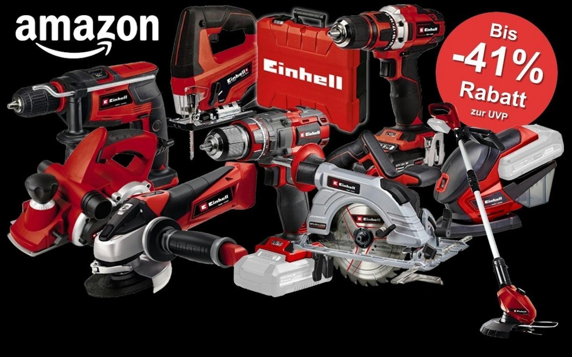 Einhell Werkzeug vor einem schwarzen Hintergrund. Verschiedene Modelle und Geräte der roten Werkzeug-Marke wie Akku-Bohrschrauber, Elektrohobel, Winkelschleifer, Kreissäge, Multitool Stichsäge, Werkzeugkoffer und mehr.