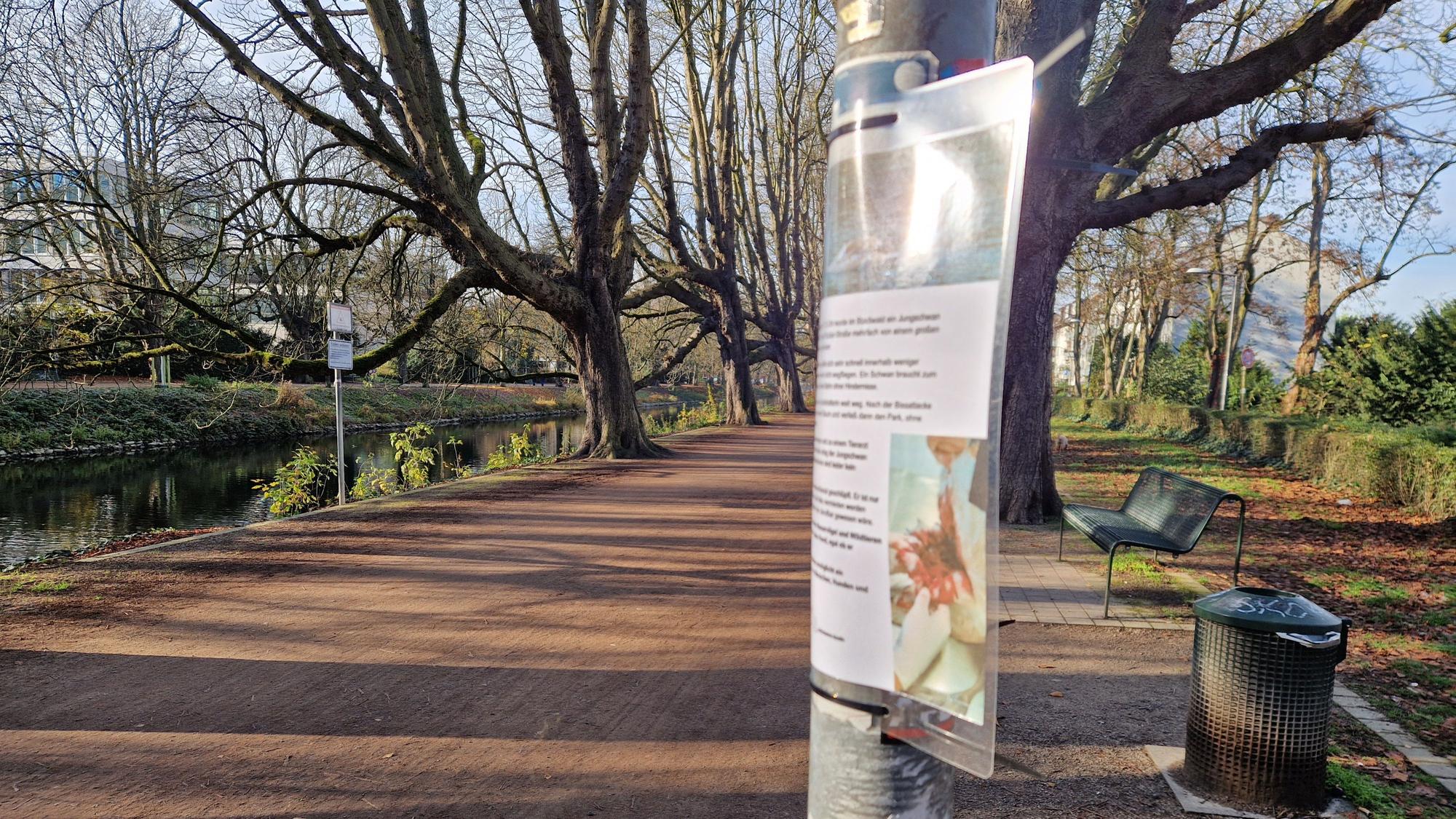 Am Clarenbachkanal in Köln-Lindenthal hängt ein laminiertes Schild an einem Metallpfal.