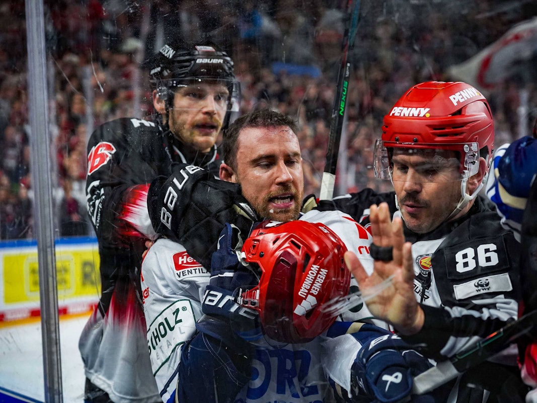 Disput zwischen Spielern der Kölner Haie und der Schwenninger Wild Wings.