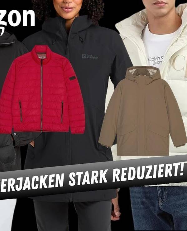 Winterjacken von den Marken THE NORTH FACE, Calvin Klein, Columbia, Jack Wolfskin vor einem schwarzen Hintergrund zur Black Week.