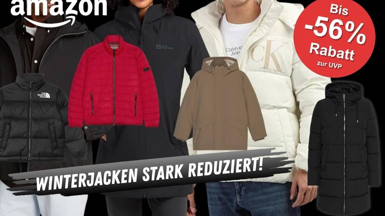 Winterjacken von den Marken THE NORTH FACE, Calvin Klein, Columbia, Jack Wolfskin vor einem schwarzen Hintergrund zur Black Week.