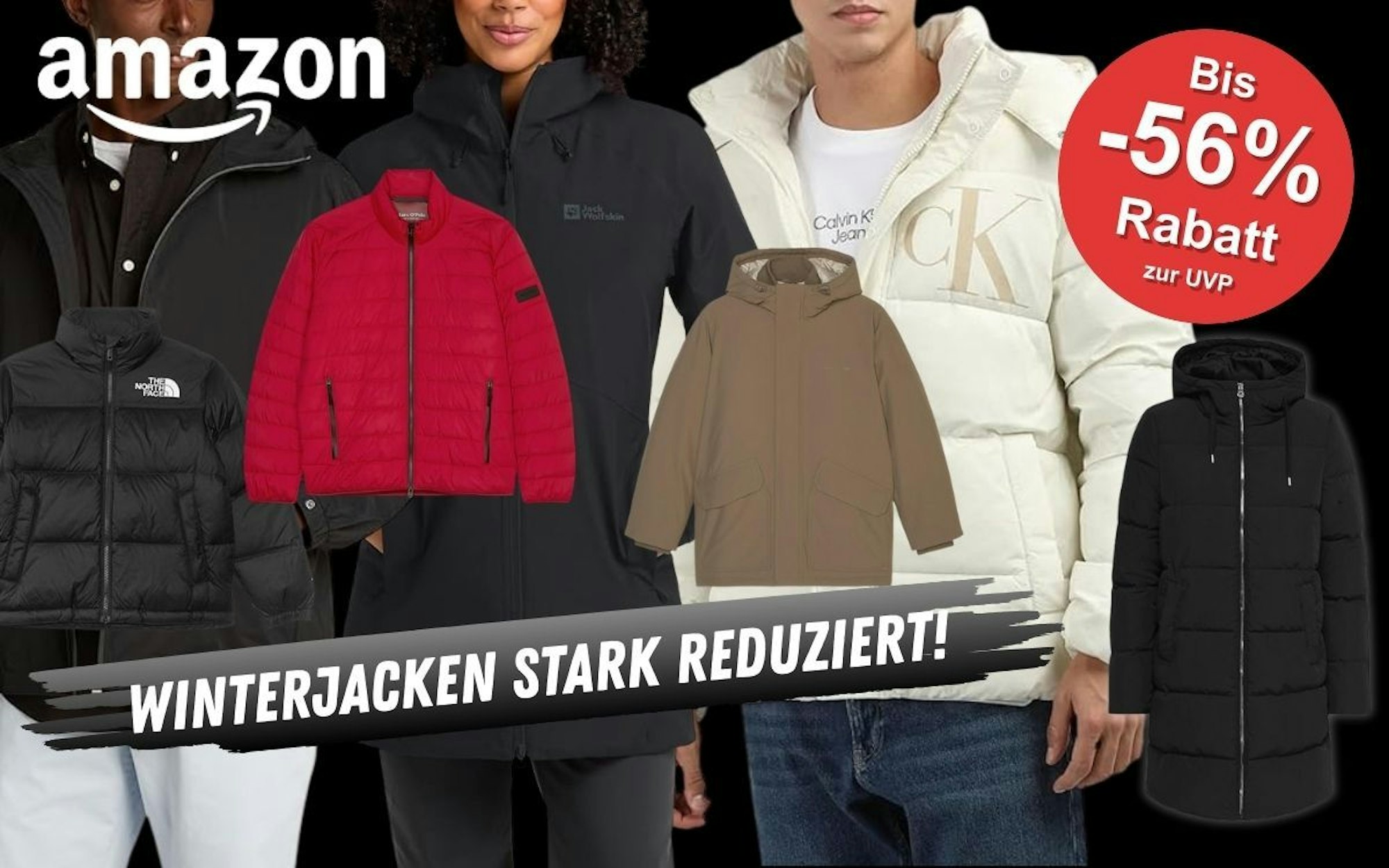 Winterjacken von den Marken THE NORTH FACE, Calvin Klein, Columbia, Jack Wolfskin vor einem schwarzen Hintergrund zur Black Week.