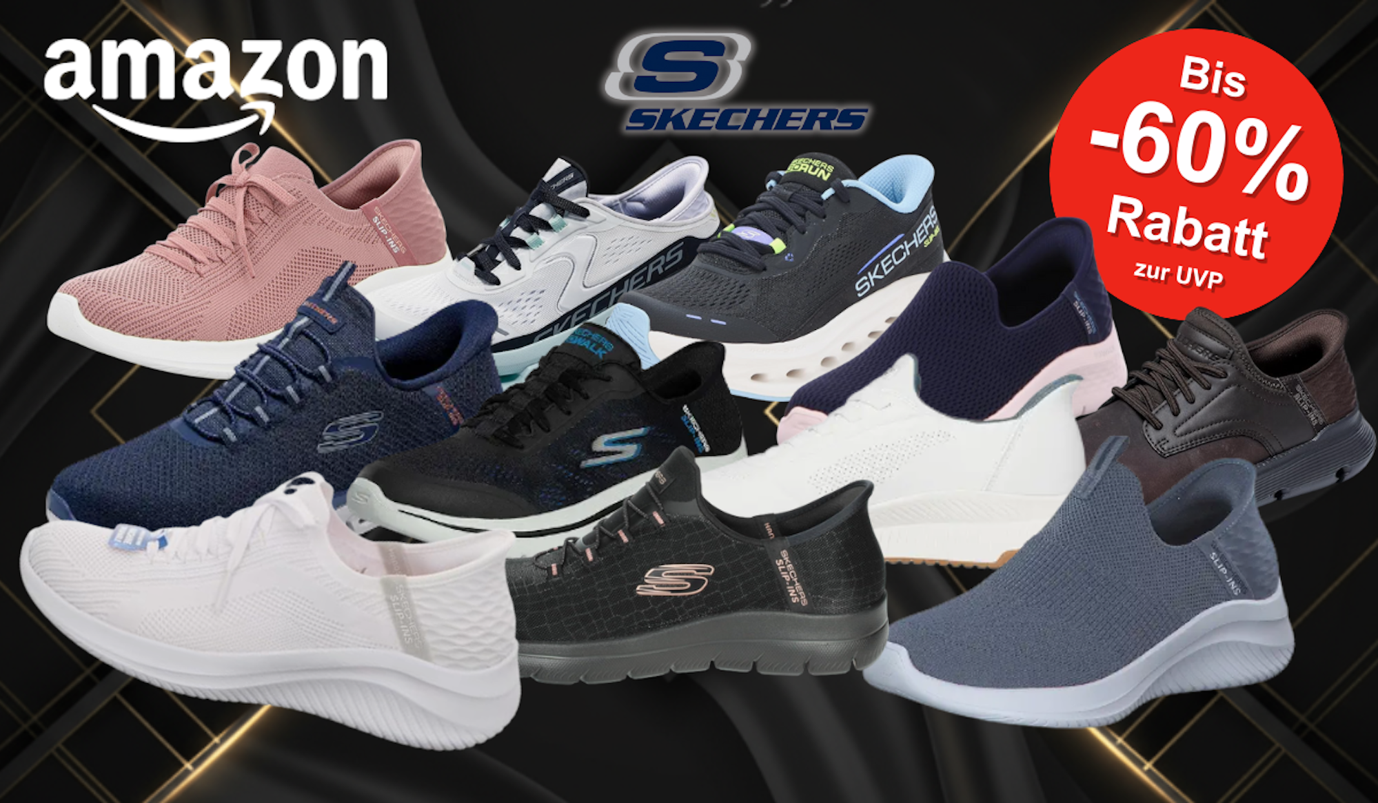 Auf dem Bild sind unterschiedliche Varianten des Skechers Modells Slip-Ins zu sehen