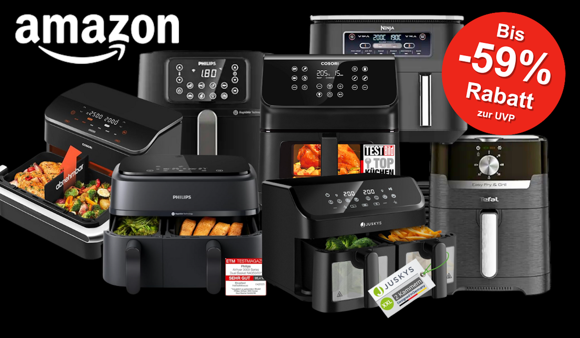 Auf einem schwarzen Hintergrund sind Airfryer beliebter Marken zu sehen.