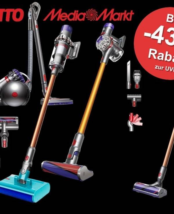 Dyson Stabstaubsauger Dyson V8™ Absolute, Dyson Cyclone V10 Absolute, Dyson Cyclone V10 Submarine™ Wet and Dry, Dyson V11™ Fluffy kabelloser Staubsauger, Dyson Big Ball Parquet 2 Staubsauger vor einem schwarzen Hintergrund. Dazu Logos von Amazon, OTTO und MediaMarkt.