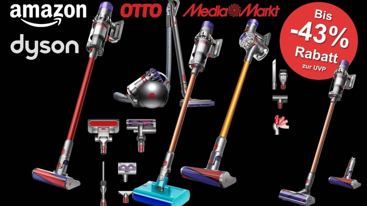 Dyson Stabstaubsauger Dyson V8™ Absolute, Dyson Cyclone V10 Absolute, Dyson Cyclone V10 Submarine™ Wet and Dry, Dyson V11™ Fluffy kabelloser Staubsauger, Dyson Big Ball Parquet 2 Staubsauger vor einem schwarzen Hintergrund. Dazu Logos von Amazon, OTTO und MediaMarkt.