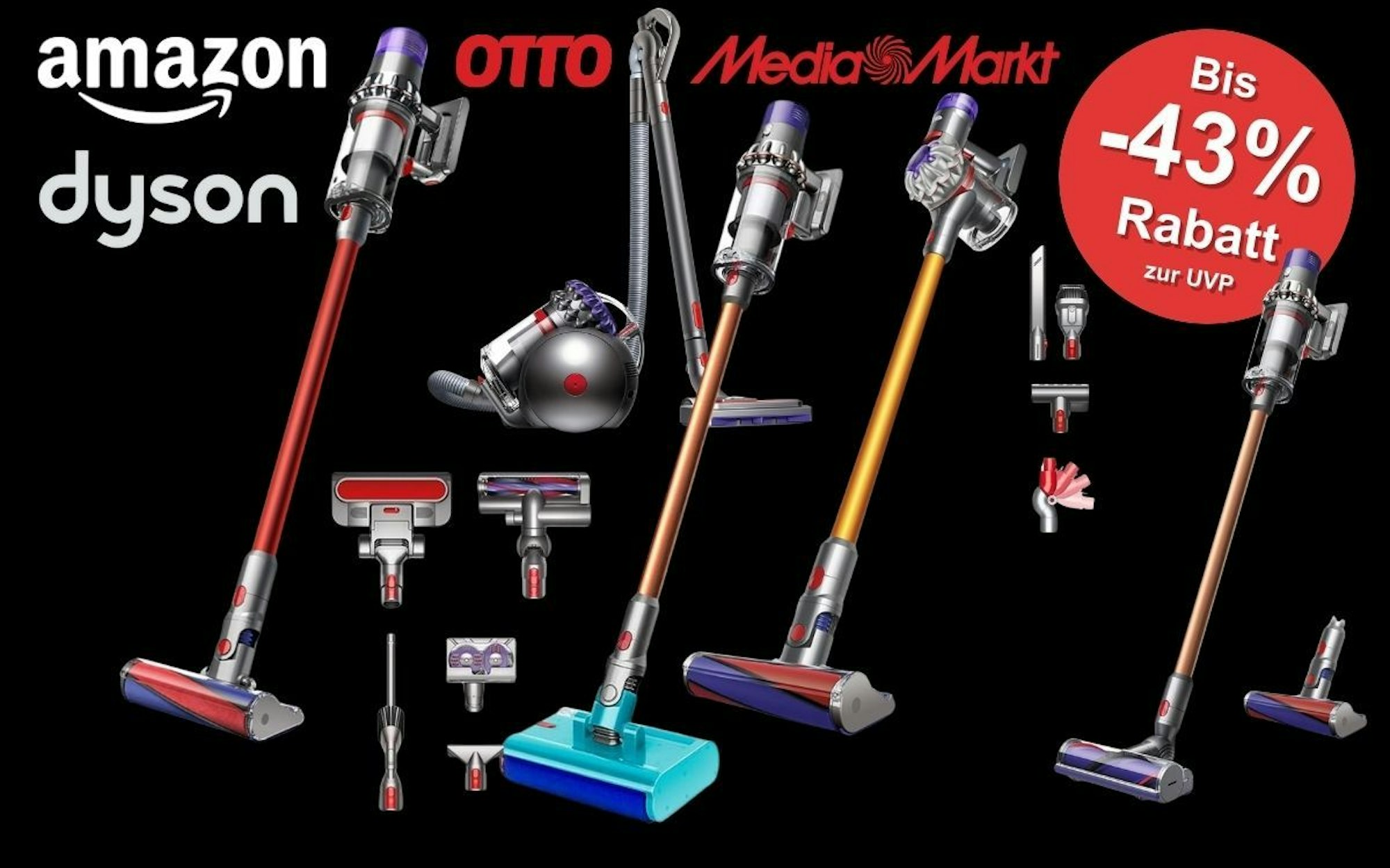 Dyson Stabstaubsauger Dyson V8™ Absolute, Dyson Cyclone V10 Absolute, Dyson Cyclone V10 Submarine™ Wet and Dry, Dyson V11™ Fluffy kabelloser Staubsauger, Dyson Big Ball Parquet 2 Staubsauger vor einem schwarzen Hintergrund. Dazu Logos von Amazon, OTTO und MediaMarkt.